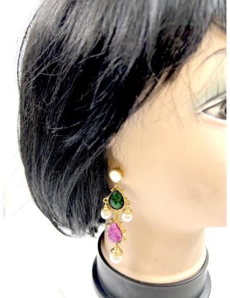 PENDIENTES LARGOS VERDES Y FUCSIAS CON PERLAS ESTILO BARROCO CHIC PARA BODAS