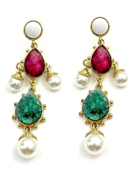 PENDIENTES LARGOS CON PERLAS Y PIEDRAS BUGAMBILIAS Y VERDES