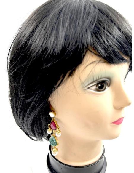PENDIENTES LARGOS CON PERLAS Y PIEDRAS BUGAMBILIAS Y VERDES