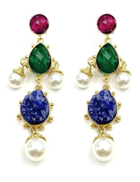 PENDIENTES SOFISTICADOS DE PIEDRAS VERDES AZULES Y GRANATES