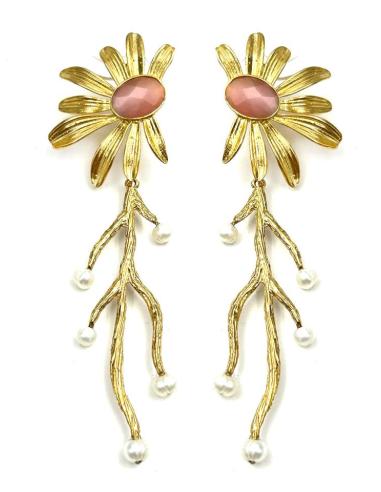 PENDIENTES LARGOS DE PERLAS Y FLOR ROSA PARA BODAS Y EVENTOS