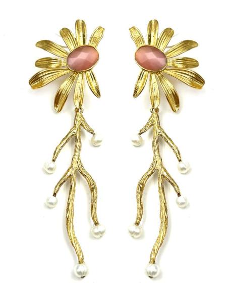 PENDIENTES LARGOS DE PERLAS Y FLOR ROSA PARA BODAS Y EVENTOS