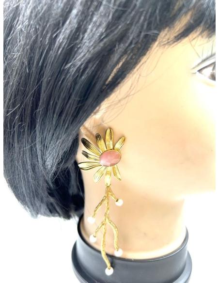 PENDIENTES LARGOS DE PERLAS Y FLOR ROSA PARA BODAS Y EVENTOS