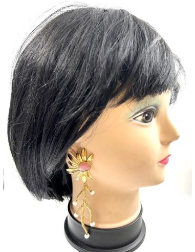 PENDIENTES LARGOS DE PERLAS Y FLOR ROSA PARA BODAS Y EVENTOS
