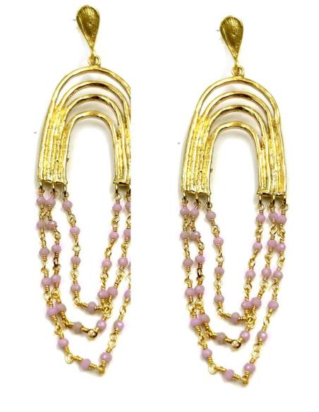 ELEGANTES PENDIENTES LARGOS DORADOS Y LILAS PARA BODAS DE NOCHE