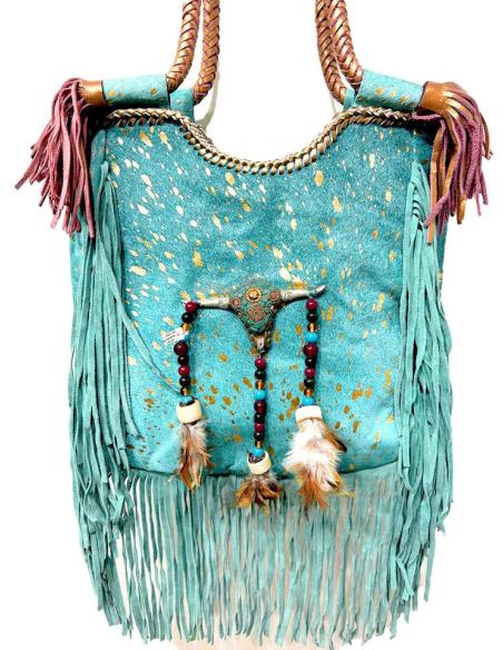 BOLSOS PIEL AZULES TURQUESAS ESTILO BOHO CHIC CON FLECOS