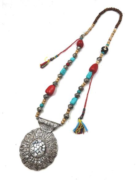 COLLARES MUJER PLATEADOS ESTILO BOHO ROSARIO TIBETANO CON MEDALLON NACAR