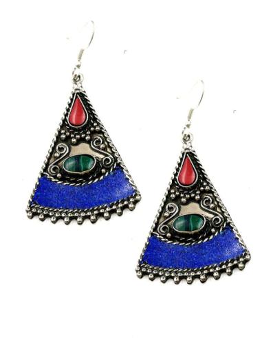 LARGOS PENDIENTES PLATEADOS AZULES Y ROJOS ESTILO BOHO CHIC