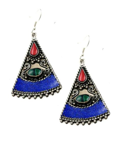 LARGOS PENDIENTES PLATEADOS AZULES Y ROJOS ESTILO BOHO CHIC