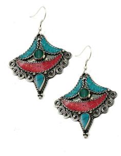 PENDIENTES PLATEADOS CON PIEDRAS TURQUESA Y ROJO