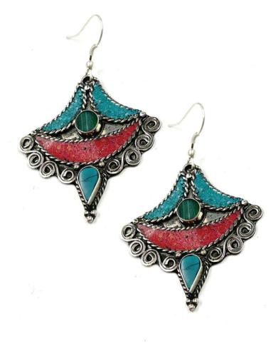 PENDIENTES PLATEADOS CON PIEDRAS TURQUESA Y ROJO