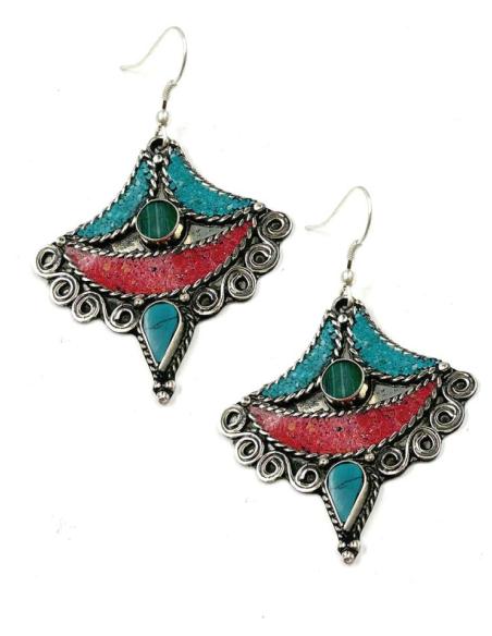 PENDIENTES PLATEADOS CON PIEDRAS TURQUESA Y ROJO