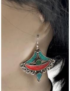 PENDIENTES PLATEADOS CON PIEDRAS TURQUESA Y ROJO 2