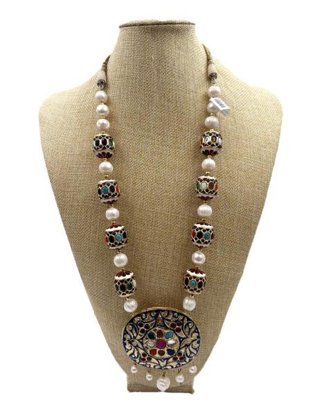 COLLARES DE PERLAS Y PIEDRA CON MEDALLON EXOTICO JOYAS INDIAS UNICAS
