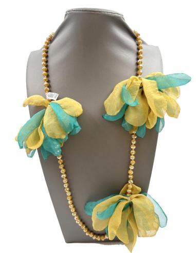 COLLARES MOSTAZAS Y VERDES CON LAZOS DE TELA Y ENGARZADOS CON NUDO