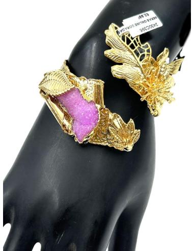 PULSERAS ONLINE DORADAS ANCHAS CON PIEDRA ROSA PARA BODAS FIESTA Y GALAS