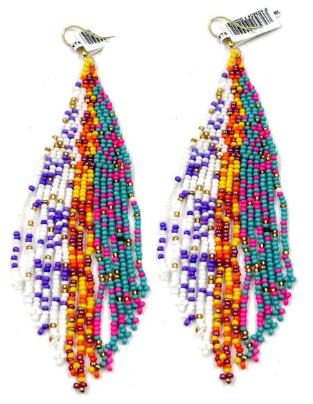 PENDIENTES LARGOS CON CUENTAS MULTICOLOR Y FLECOS