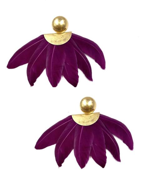PENDIENTES MUJER LARGOS DE PLUMAS MORADO CARDENAL