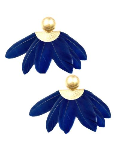 PENDIENTES MUJER LARGOS AZULES MARINO CON PLUMAS IDEAL BODA