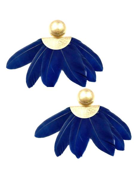 PENDIENTES MUJER LARGOS AZULES MARINO CON PLUMAS IDEAL BODA