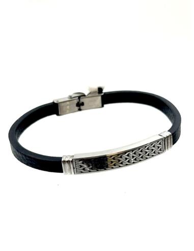 PULSERAS HOMBRE DE CUERO NEGRO Y ACERO CON GRABADO ZIG-ZAG