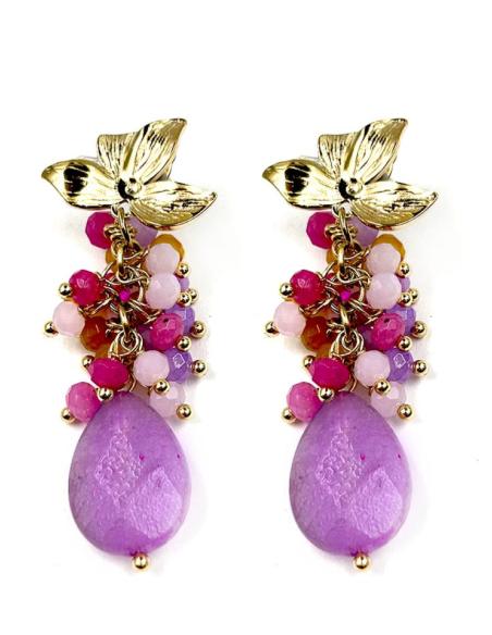 PENDIENTES LARGOS LILAS DE AGATAS PARA INVITADAS DE BAUTIZOS Y BODAS