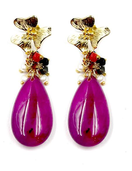 PENDIENTES DE PIEDRA LARGOS BUGAMBILIAS Y DORADOS