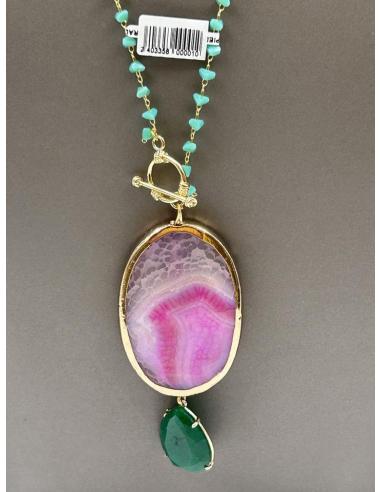 COLLARES LARGOS VERDES PIEDRA FUCSIA Y ESMERALDA