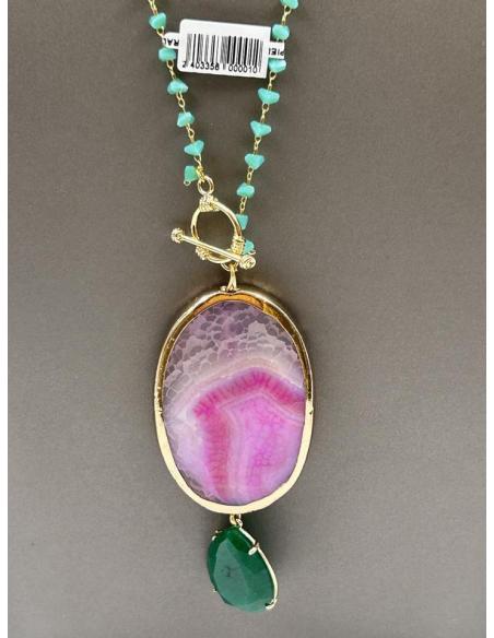 COLLARES LARGOS VERDES PIEDRA FUCSIA Y ESMERALDA