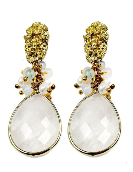 PENDIENTES DE NOVIA LARGOS BLANCOS DE CUARZO Y PERLAS