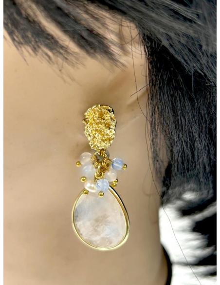 PENDIENTES DE NOVIA LARGOS BLANCOS DE CUARZO Y PERLAS