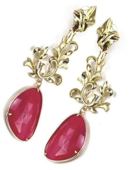 PENDIENTES LARGOS FUCSIAS DE PIEDRA PARA BODAS Y EVENTOS