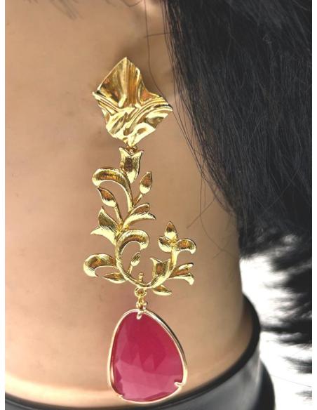 PENDIENTES LARGOS FUCSIAS DE PIEDRA PARA BODAS Y EVENTOS