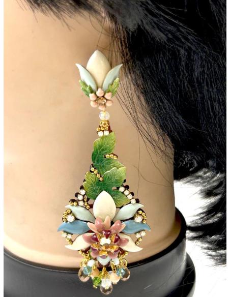 PENDIENTES PARA BODA LARGOS VERDES AZULES Y ROSAS ESTILO ROMANTICO