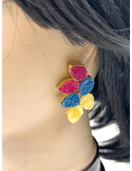 PENDIENTES DE PIEDRAS AZULES AMARILLAS Y FUCSIAS PARA BODAS