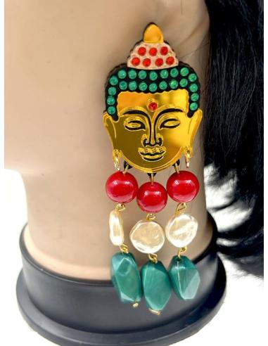 PENDIENTES LARGOS DE BUDA SIMBOLO DE PAZ INTERIOR CON PERLAS Y PIEDRAS