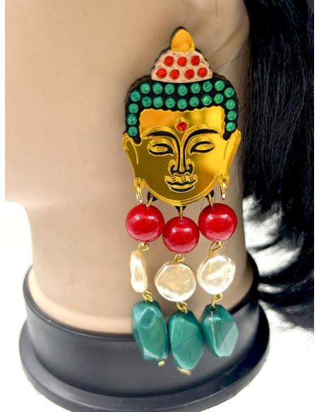 PENDIENTES LARGOS DE BUDA SIMBOLO DE PAZ INTERIOR CON PERLAS Y PIEDRAS