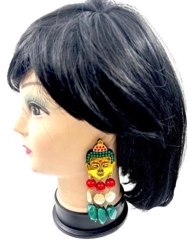 PENDIENTES LARGOS DE BUDA SIMBOLO DE PAZ INTERIOR CON PERLAS Y PIEDRAS