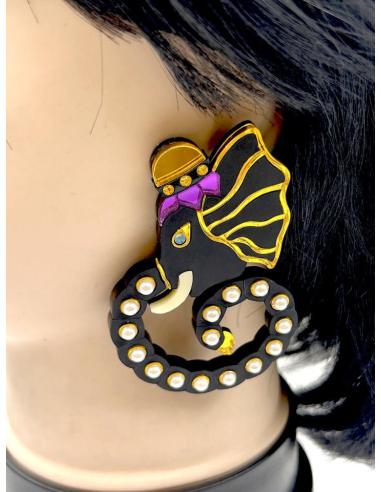 PENDIENTES NEGROS CON ELEFANTES GANESHA PERLADA