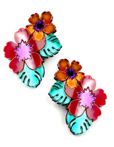 PENDIENTES INVITADA CON FLORES EXOTICAS ROJAS Y VERDES IDEAL BODAS ESTIVALES