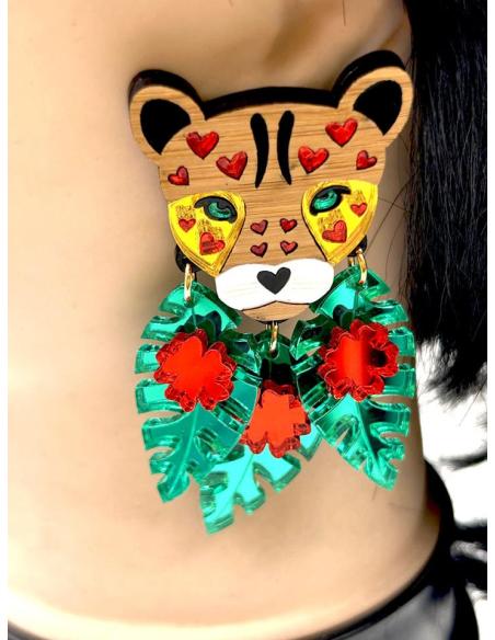 PENDIENTES MUY FAVORECEDORES DE OCELOTE MEXICANO CON CORAZONES