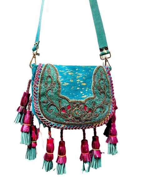 BOLSOS PIEL AZULES BANDOLERA IBIZA PARA VERANO CON BORLAS Y ABLORIOS DORADOS Y TURQUESAS