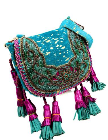 BOLSOS PIEL AZULES BANDOLERA IBIZA PARA VERANO CON BORLAS Y ABLORIOS DORADOS Y TURQUESAS