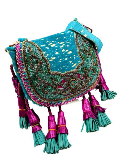 BOLSOS PIEL AZULES BANDOLERA IBIZA PARA VERANO CON BORLAS Y ABLORIOS DORADOS Y TURQUESAS