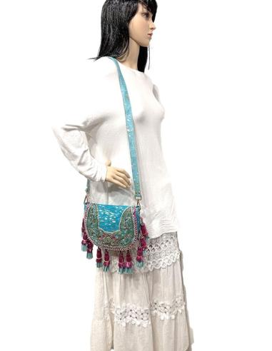 BOLSOS PIEL AZULES BANDOLERA IBIZA PARA VERANO CON BORLAS Y ABLORIOS DORADOS Y TURQUESAS