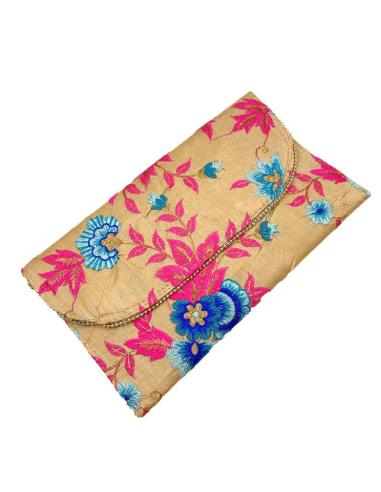 BOLSOS DE INVITADA DE BODAS DORADOS CON FLORES FUCSIAS Y AZULES