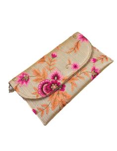 BOLSOS DE INVITADA DE BODA BEIGE CON FLORES FUCSIAS ROSAS Y ANARANJADO