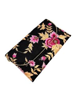 BOLSOS INVITADA BODAS NEGROS CON BORDADOS DE FLORES FUCSIAS Y ANARANJADAS