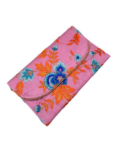 BOLSOS INVITADA BODAS ROSAS CHICLE CON BORDADOS DE FLORES AZULES Y NARANJAS