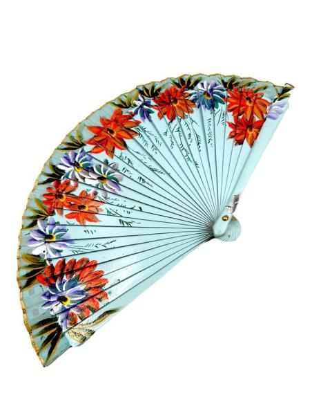 ABANICOS MUJER AZULES AGUA Y FLORES TAMAÑO PEQUEÑO
